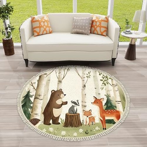 Washable Non Slip 4ft Round Area Rug, Farmhouse Rugs with Tassels Cute Woodland Animals Watercolor Forest Scene Deer Bear Fox Badger Circle Rugs for Nursery Bedroom Living Room Dining Room