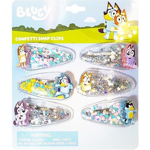 LUV HER Bluey Hair Accessories For Girls, 6pc Cute Hair Clips with Favorite Bluey Character Charms, Magical Confetti Hair Clips, Ages 3+