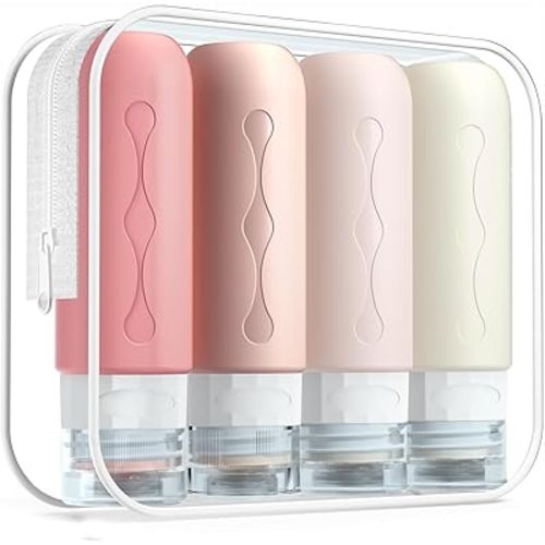 Gemice Travel Bottles for Toiletries, Tsa Approved Travel 3oz Size Containers with Clear Bag, BPA Free Leak Proof Travel Tubs Refillable Liquid Travel Accessories for Cometic Shampoo Lotion (4 Pack)