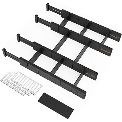 SpaceAid Bamboo Drawer Dividers with Inserts and Labels, Kitchen Adjustable Drawer Organizers, Expandable Organization for Home, Office, Dressers, 4 Dividers with 9 Inserts (17"-22" Black)