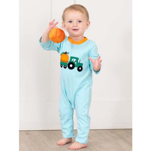 Light Blue Stripes Pumpkin Tractor Romper