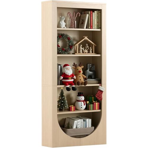 71" Tall Arched Bookshelf, 5 Tiers Arch Bookcase with Storage, Large Bookcase with Reversible Design, Floor Standing Display Storage Shelves for Living Room, Office