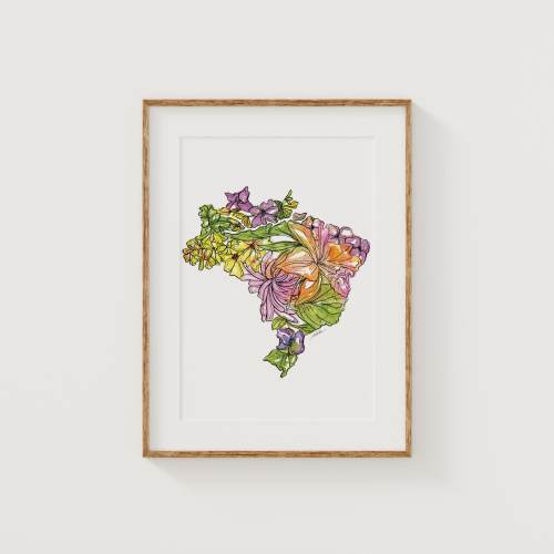 BRAZIL Wildflowers Fine Art Print | Botanical Map | Countries of the World Floral Home Decor | Canvas or Giclee Framed Wall Art