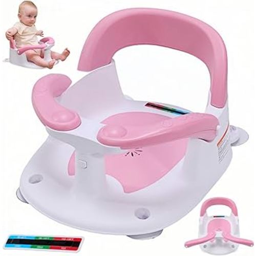 Baby Bath Seat for Babies 6 Months & Up Sitting Up,Infant Bath Seat with Temperature Alert+Open Backrest+on/Off Armrest,Toddler Bath seat Baby Bath Chair for Bathtub,Tub,Sink Pink