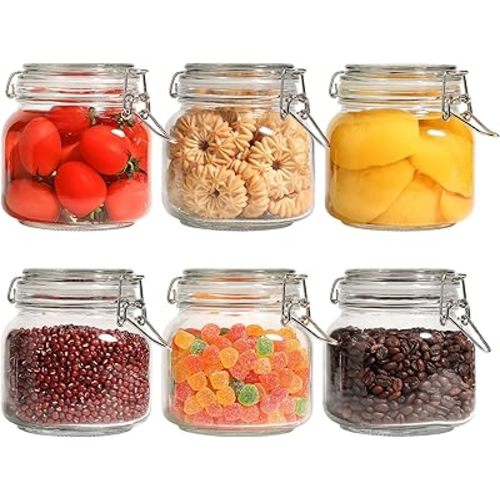 ComSaf 25oz Airtight Glass Canisters with Lids Set of 6, Square Food Storage Jar Container with Clamp Lids for Kitchen Canning Cereal Coffee Pasta Sugar Beans Spice, Clear Mason Jars with 12 Labels