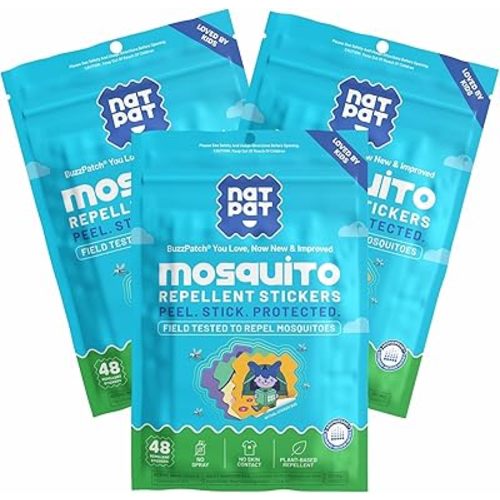 NATPAT BuzzPatch Mosquito Patch Stickers for Kids - All Natural, Plant Based Ingredients, Non-Toxic, DEET Free, Citronella Insect Patches, for Toddlers, Babies, Children (3 Pack, 144 Units)