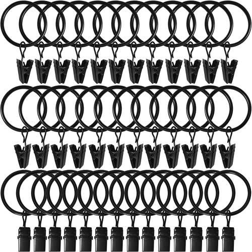 60 Pack Metal Curtain Rings with Clips, Curtain Clip Rings Hooks for Hanging Drapery Drapes Bows, Curtain Rod Rings 1 inch Interior Diameter, Black