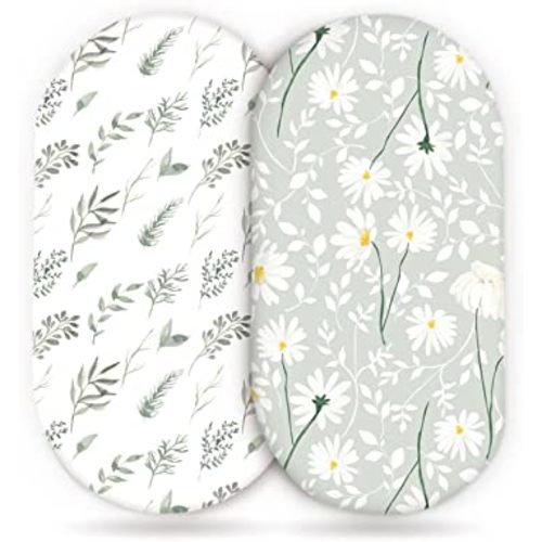 GRSSDER Stretchy Ultra Soft Fitted Bassinet Sheet Set 2 Pack, Universal Fit for Bassinets Baby Cradle Moses Basket Oval Rectangle Mattress, Watercolor Daisy Flowers Bassinet Sheets for Girls