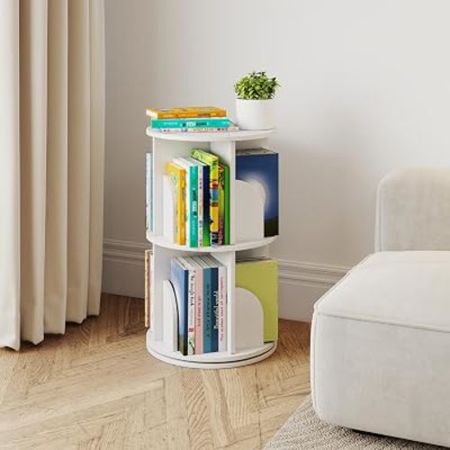 Rotating Bookshelf, 360 Display Spinning Bookcase, Corner Bookshelf, Floor Standing Revolving Bookcase Storage Rack, Narrow Book Shelf Organizer for Small Space, Bedroom, Office (2 Tier, 25.6" H)