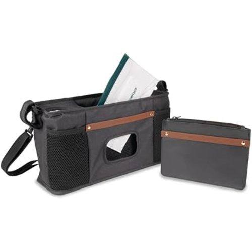 WONDERFOLD Parent Console Stroller Organizer with Insulated Cup Holders, Hook and Loop Closure Handle Attachment, 2 Storage Pockets, and Removable Shoulder Strap for Easy Transport