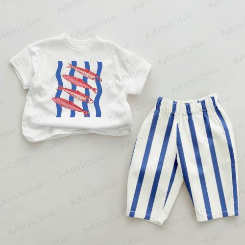 Baby Sardine Print Blue Vertical Striped 2-piece Set