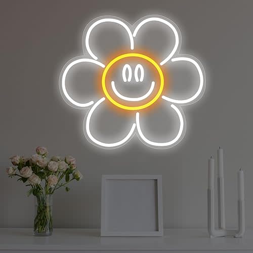 Daisy Smile Face Neon Sign, Sunflower LED Neon Light, Face Neon Signs for Wall Decor,Smile face Neon Signs for Bedroom Wall with Dimmable Switch for Children's Room,Bar, Party,Christmas,Wedding