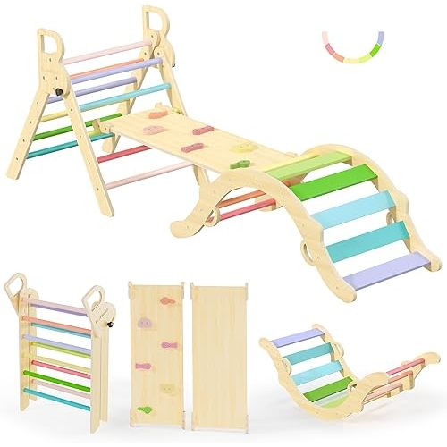 BlueWood Pikler Triangle Set, Toddler Wooden Climbing Toys Indoor 7in1 Foldable Climber for Kids, Montessori Philosophy Play Jungle Gym with Arch, Ramp, Ladder (Colorful Spring)