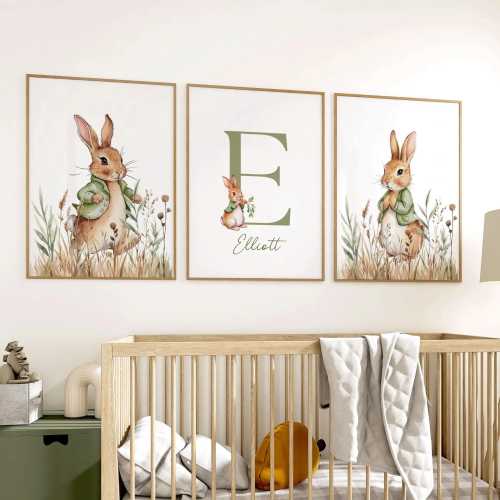 Personalized Peter Rabbit Nursery Wall Art Set of 3, Baby Name Banner Floral Bunny Decor Unframed