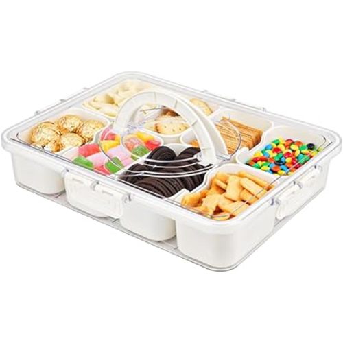 Snackle Box Container, 3rd Gen Vegetable Tray with Lid, Divided Serving Tray with Lid and Handle, 8 Compartment Veggie Platter, Snack Box Container, Food Organizer for Nuts, Candy, Fruits