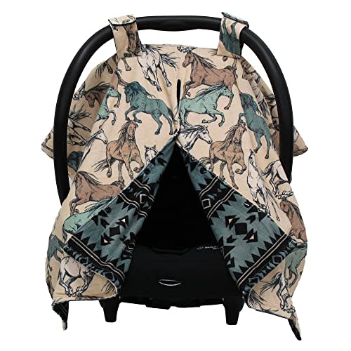 Dear Baby Gear Car Seat Cover for Boys & Girls - Baby Carseat Canopy w/Snap Opening - Infant Seat Cover - Stroller & Nursing Covers - Newborn Carrier Canopy -40x30"(Tan Teal Cream Horses, Aztec Teal)