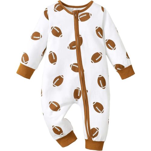 Sasaerucure Infant Baby Boy Winter Clothes One Piece Long Sleeve Zipper Jumpsuit Newborn Boy Game Day Football Onesie