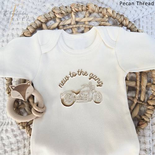 Embroidered New to the Gang ONESIES® brand, Surprise to Family, Friends, Pregnancy Announcement ONESIES® brand, Biker Bodysuit, Misc295