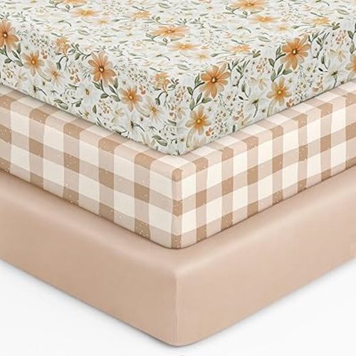 Baby Crib Sheets for Boys Girls, 28x52x8in Fitted Crib Sheet Neutral 3 Pack for Standard Crib and Toddler Mattress, Breathable Soft Microfiber Baby Sheet Orange Flowers & Plaid