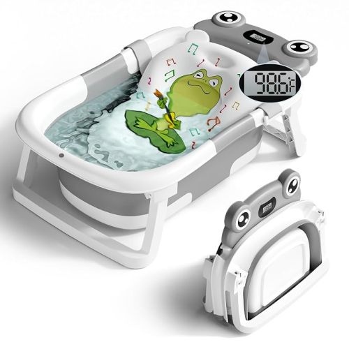 Baby Bathtub, Collapsible Newborn Bathtub for Infant to Toddler with Soft Cushion and Thermometer,Portable Travel Newborn Tub with No-Slip Feet, Baby Shower Gifts, 0-12 Months Baby Bath, Grey