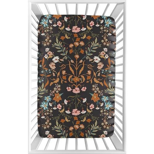 Sweet Jojo Designs Baby Fitted Mini Crib Sheet (Black Wildflower Vintage Floral) for Girls, Newborn/Infant Nursery, Play Yards, Portable Cribs (Boho Botanical, Bohemian Farmhouse, Cottagecore, Orange)