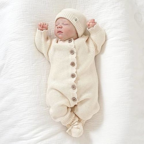 YIXPOH Organic Cotton Baby Sweater Knit Romper Hat and Booties 3 Piece Newborn Infant Set Long Sleeve Outfit for Boy Girls
