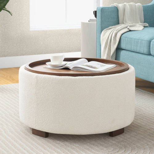 Wade Logan® Caysey 30.1" W Upholstered Round Storage Ottoman with Wooden Tray & Reviews | Wayfair