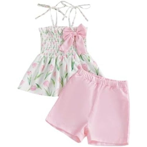 Toddler Baby Girl Summer Outfit Sleeveless Slip Smocked Top Shorts Set Cute Floral Cherry Boho Holiday Clothes