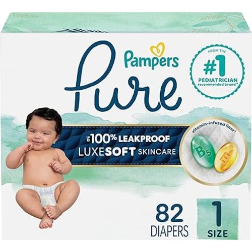 Pampers Pure Baby Diapers, Size 1 (8-14 lbs), 82, Up to 100% Leakproof, Premium Hypoallergenic Soft Diapers