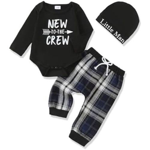 Renotemy Newborn Baby Boy Fall Clothes, Long Sleeve Letter Printed Rompers Plaid Pants Hat Outfits Clothing Set 0-18 Months