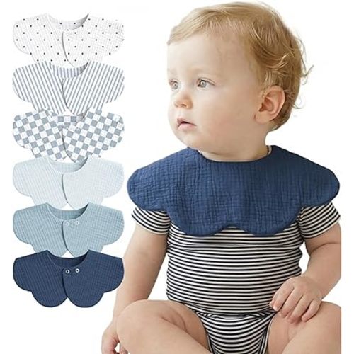 Muslin Baby Bibs, 6 Pack 100% Cotton Absorbent 360 ° Rotate Flower-Shaped Bandana Drool Bibs for Baby Girls & Boys