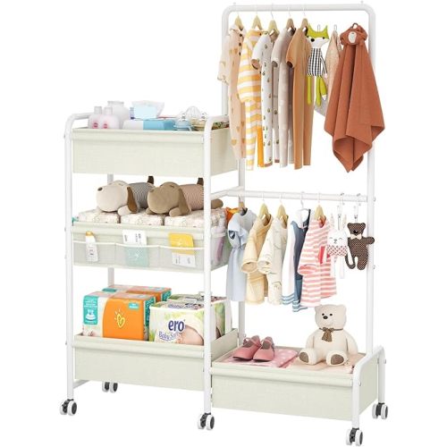 2in1 Baby Diaper Caddy & Clothes Organizer and Storage Rolling Cart, Large Capacity Nursery Organization For Baby Dresser,Changing Table, Crib, With 2 Dividers & 7 Pockets,White