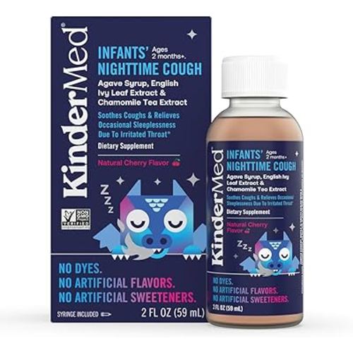 KinderMed Infants' Nighttime Cough, Organic Agave Syrup, English Ivy Leaf Extract, Chamomile Tea Extract, No Dyes, No Artificial Flavors or Sweeteners, Ages 2 Months+, Natural Cherry Flavor (2 Fl Oz)