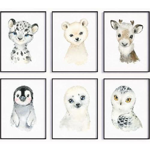 Arctic Baby Animals Nursery Wall Art Set of 6 – Watercolor Winter Animal Prints – Gender Neutral Woodland Nursery Decor for Baby Boy or Girl Room – 8x10 - Unframed