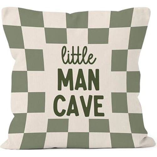 Little Man Cave Throw Pillow Cover Gifts 18x18, Boy Nursery Decor Pillow Cases for Kids Room Bedroom Playroom Classroom, Sage Green Checkered Decorative Square Pillowcases for Couch Bed Sofa