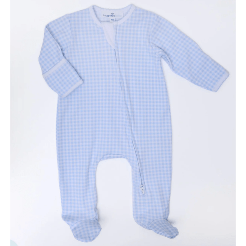 MAGNOLIA BABY:  Mini Checks Zip Footie - Light Blue