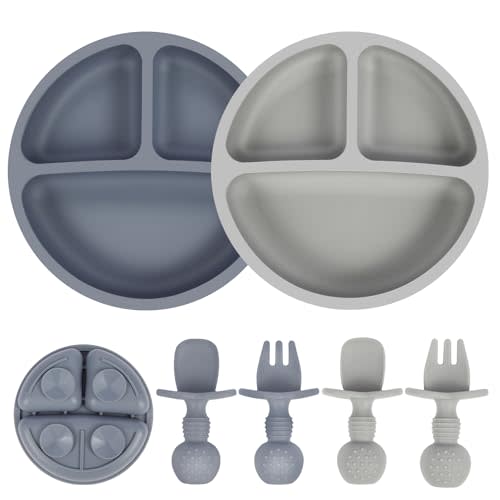 Eascrozn 2 Pack Divided Suction Plates for toddlers, Forks and Spoons Set | Silicone Baby Utensils, Baby Led Weaning Feeding Supplies, BPA Free, Microwave and Dishwasher Safe