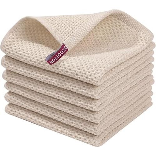 Homaxy 100% Cotton Waffle Weave Kitchen Dish Cloths, Ultra Soft Absorbent Quick Drying Dish Towels, 12 x 12 Inches, 6-Pack, Beige