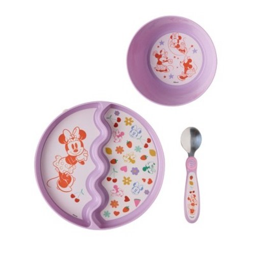 Disney 3pc Minnie Mouse Mealtime Baby Feeding Set with Divided Suction Plate, Bowl and Spoon