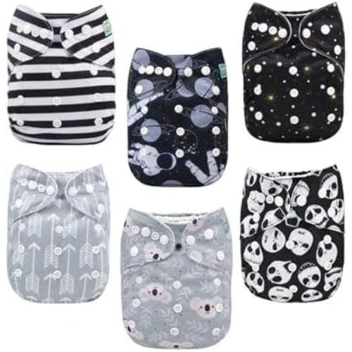 ALVABABY Baby Cloth Diaper 6 Pack with 12 Inserts One Size Cloth Diaper Covers Adjustable Washable Reusable for Baby Girls and Boys