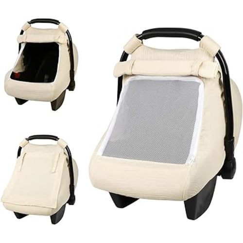 Car Seat Cover Baby, Summer Carseat Covers for Babies Girls Boys Breathable Muslin Cotton HNHUAMING Infant Car Seat Canopy with Large Mesh Window, Cozy & Windproof Newborn Stroller Cover, Apricot