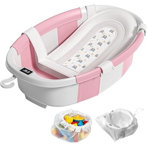 Collapsible Baby Bathtub with Soft Cushion and Thermometer, Newborn to Toddler Tub 0-36 Months with Toy Storage Mesh Bag, Portable Travel Bath for Infants (Pink)