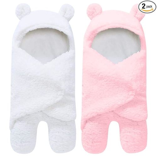 2 Pack Ultra Warm Sherpa Plush Baby Sleeping Swaddle Wrap - Newborn Essentials Must Haves for 0-6 Months - Shower Registry Search Gifts for Boys Girls - Baby Stuff Accessories (Pink and White)