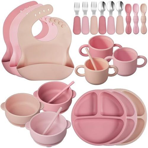 Yinder 24 Pack Silicone Baby Feeding Set Baby Led Weaning Essentials Suction Divided Plate Bowl Spoon Fork Adjustable Bib Snack Cup Straw for 6+ Months(Dark Pink, Dusty Pink, Peach Color)