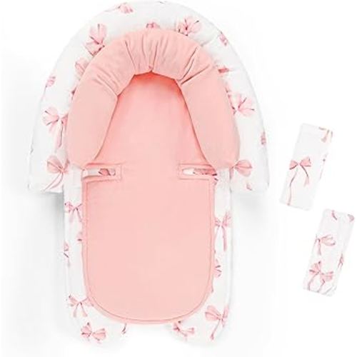 Infant Car Seat Insert with 2 Strap Pads, DAYEEBALL Carseat Cushion Baby Boy & Girl, Soft and Comfortable Carseat Head Support for Newborn, Pink Bow
