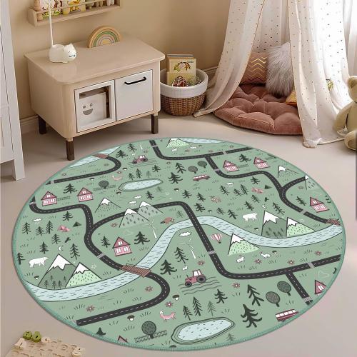 Mountain Forest Adventure Kids Room Rug, Green Woodland Wildlife Round Rug, Colorful Nature Themed Nursery Carpet, Summer Camp Style Playmat