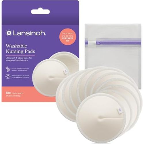 Lansinoh Washable Nursing Pads for Breastfeeding | Reusable Breast Pads for Leak Protection, Made with Organic Bamboo Viscose, Absorbent, Includes Wash Bag, 10 Count