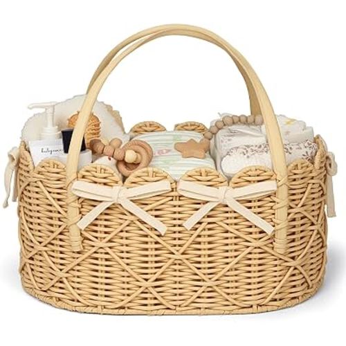 Baby Diaper Caddy Organizer, Handwoven Nursery Basket (Natural Light, XXL) | Changing Table Organizer Natural Water Hyacinth Storage Basket for Nursery Bathroom Kitchen Shelves Office