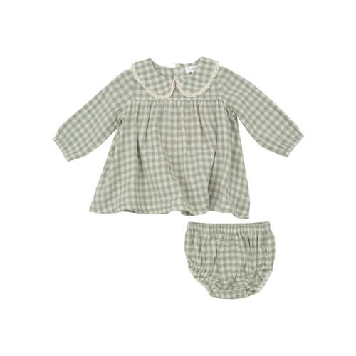 Peter Pan Collar Dress & Bloomer, Mini Green Gingham