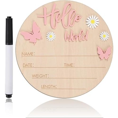Baby Announcement Sign with Marker Pen, Wooden Hello World Newborn Signs Cute Welcome Baby Name Board for Boys Girls Hospital Nursery Decor Photo Props